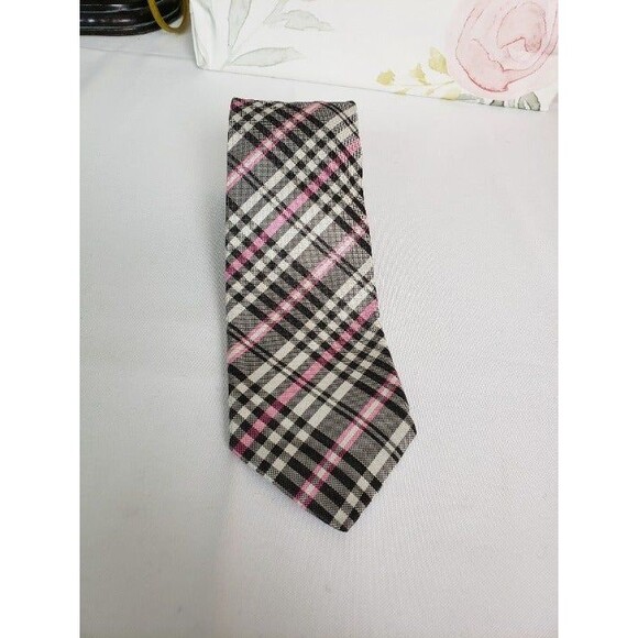 Mens Eton Black and Pink Silk Plaid Neck Tie Necktie Made in England - Picture 9 of 9